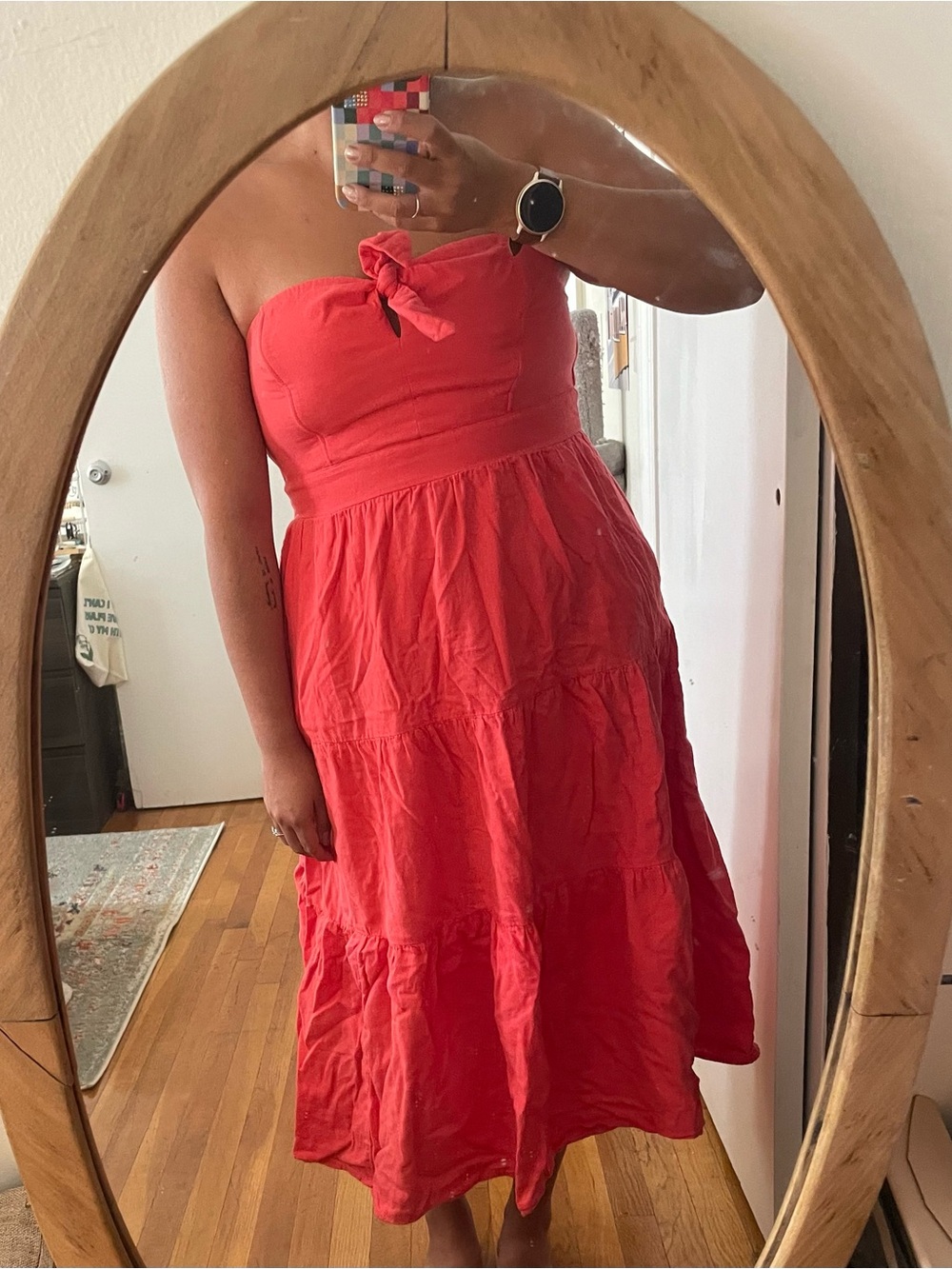 Universal Thread Strapless Tie-Front Midi Dress in Coral Red